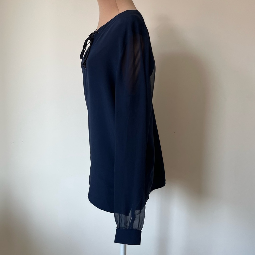 Ramy Brook Navy Blue Silk Lace Up V-Neck Sheer Long Sleeve Blouse Top EUC Size M - Picture 2 of 8